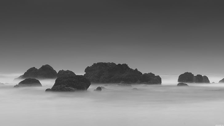 gray scale mountain during mist, photography, monochrome, mountains