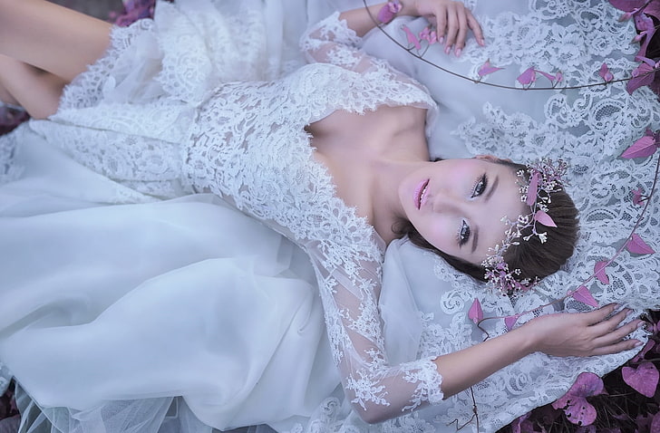 woman wearing white floral dress lying on bed, Asian, women, model