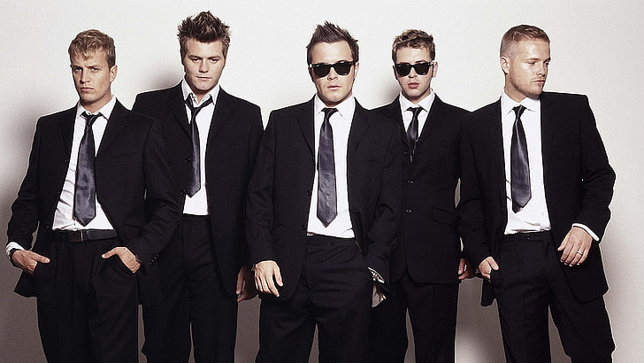Westlife band, suits, ties, glasses, men, businessman, people