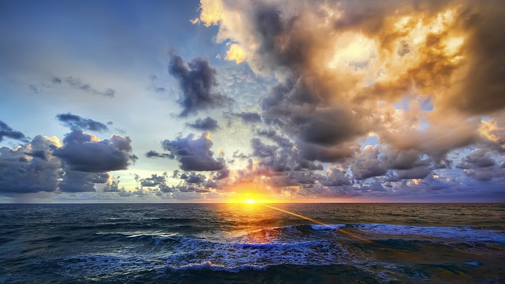 sea shore, sunset, sunlight, horizon, sky, clouds, nature, cloud - sky, HD wallpaper