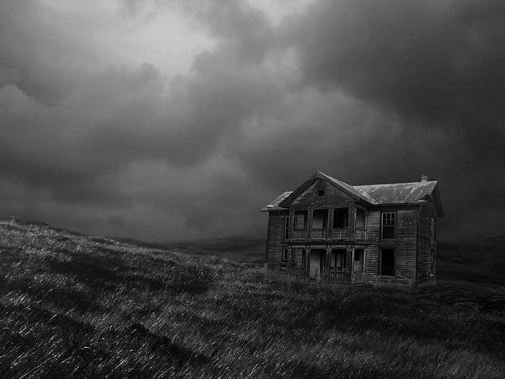 grayscale photo of 2-storey house, dark, monochrome, photography