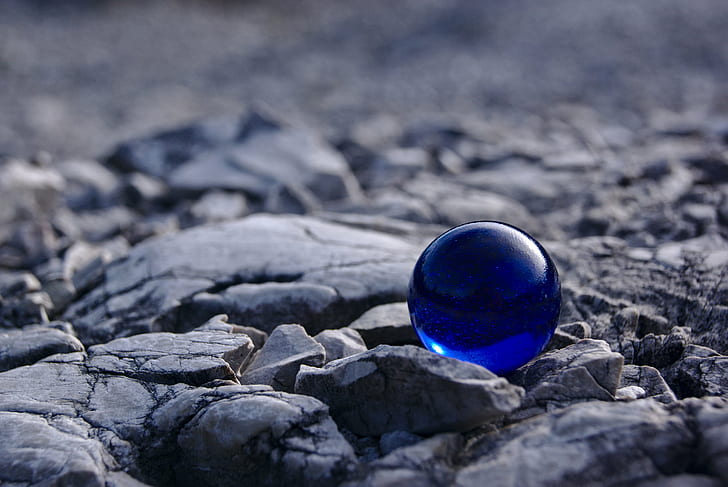 tilt shift lens photography of blue marble ball, rocky, terrain, HD wallpaper