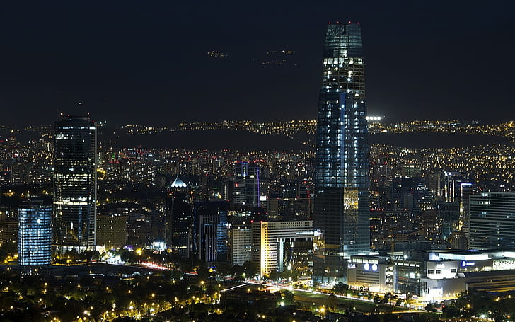 Santiago de Chile, Cityscape, Night, Lights, Skyscraper, Metropolis, Modern, Urban, Building, Architecture, black and brown buildings, HD wallpaper