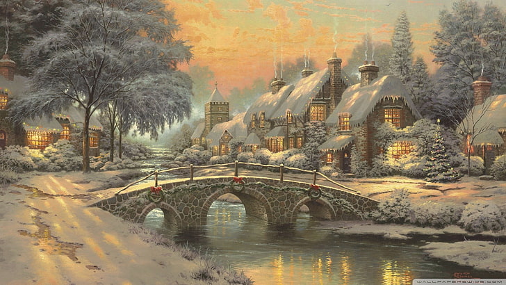gray concrete bridge, painting, cottage, chimneys, snow, Thomas Kinkade