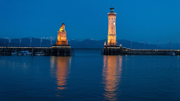 dusk, lindau lighthouse, lake constance, europe, germany, night, HD wallpaper
