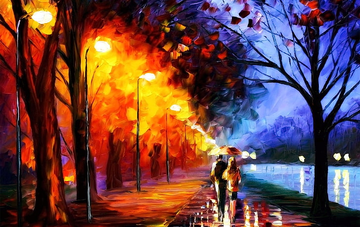 three persons walking on road painting, couple, street light