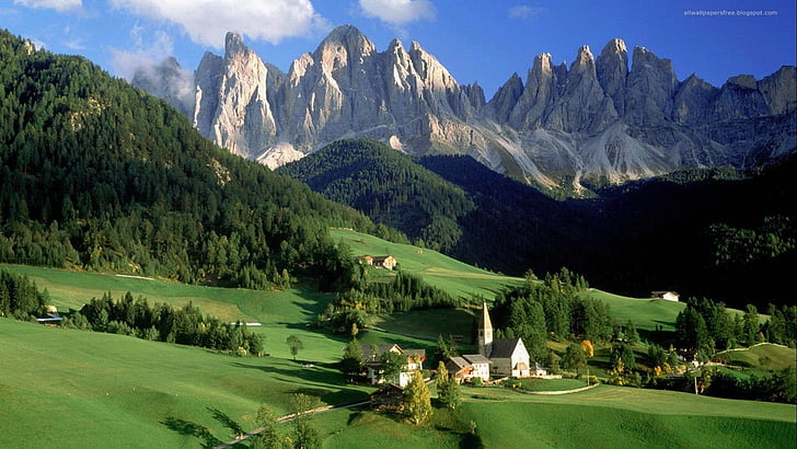 alps, austria, clocktowers, landscapes, mountains, HD wallpaper