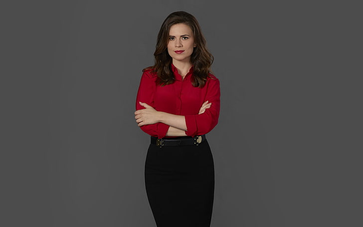 Hayley Atwell, brunette, actress, skirt, gray background, arms crossed