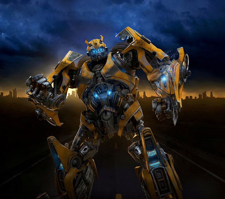 Bumblebee illustration, road, the sky, night, clouds, movie, desert