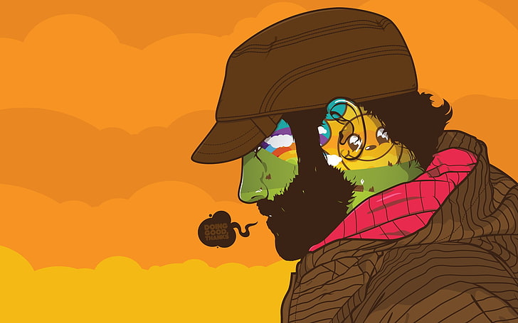 male sketch, emotion, Jared Nickerson, hat, artwork, beards, yellow background, HD wallpaper