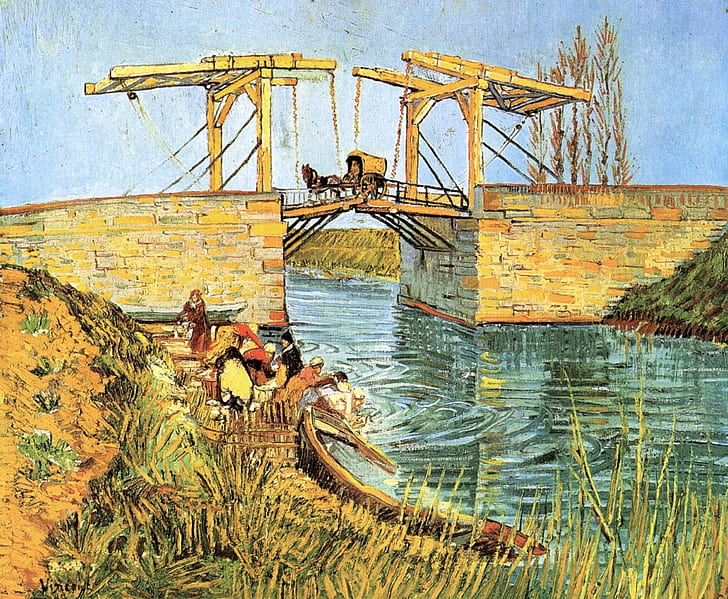 bridge, boat, coach, Vincent van Gogh, The Langlois, women washing, HD wallpaper
