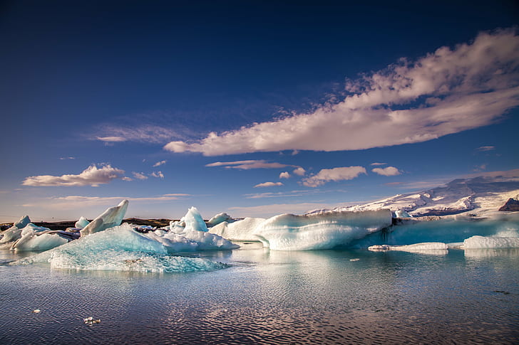 ice glacier on body of water, Iceberg, glacial, river, lagoon