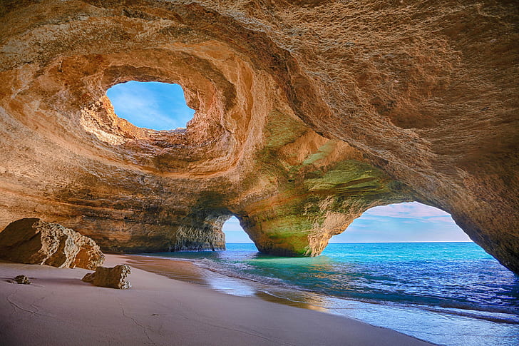 sand, sea, rock, stones, shore, arch, Portugal, Algarve, HD wallpaper