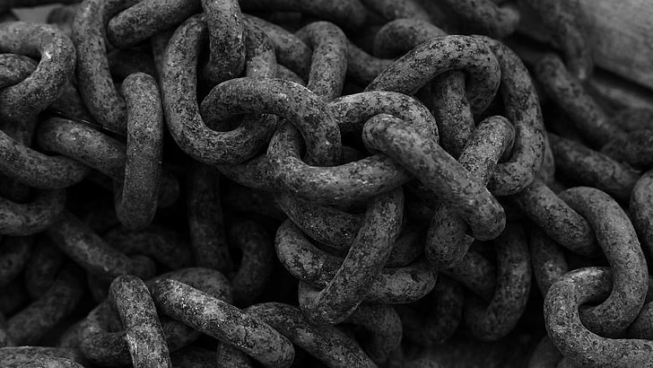 gray link chain, monochrome, chains, metal, old, strength, backgrounds, HD wallpaper