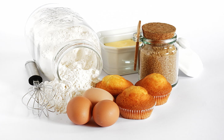 brown egg, muffins, eggs, flour, pot, sugar, dough, food, jar
