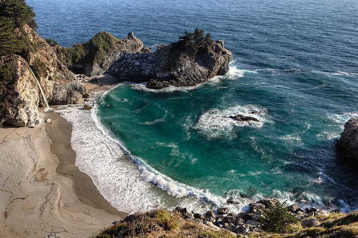 body of water, rock, the ocean, waterfall, Bay, California, Big Sur, HD wallpaper