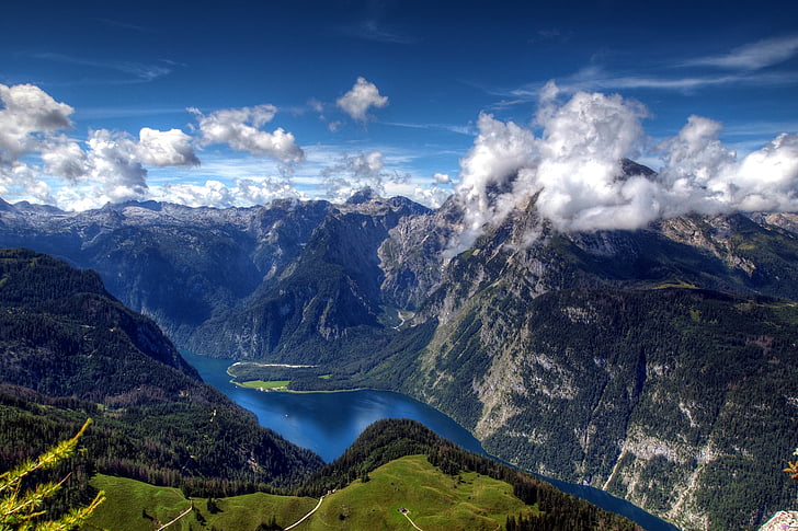 aerial photography of river between of two mountains, Lake Königssee