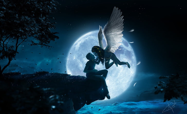 boy with angel on cliff under the moon, leaves, girl, clouds, HD wallpaper