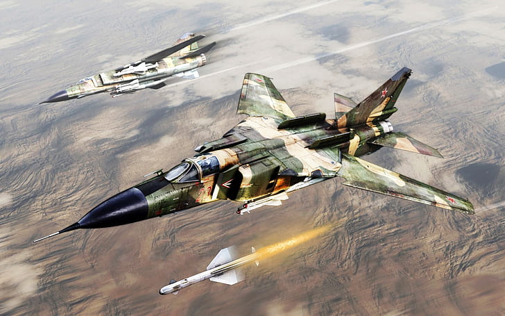 Art painting, the MiG-23 Soviet fighter jets, rocket, camouflage green and beige fighter plane