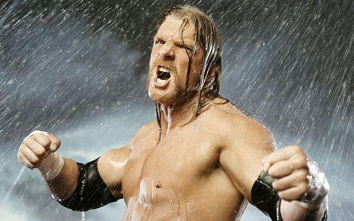 men's black hand support, WWE, Triple H, wet, shirtless, water