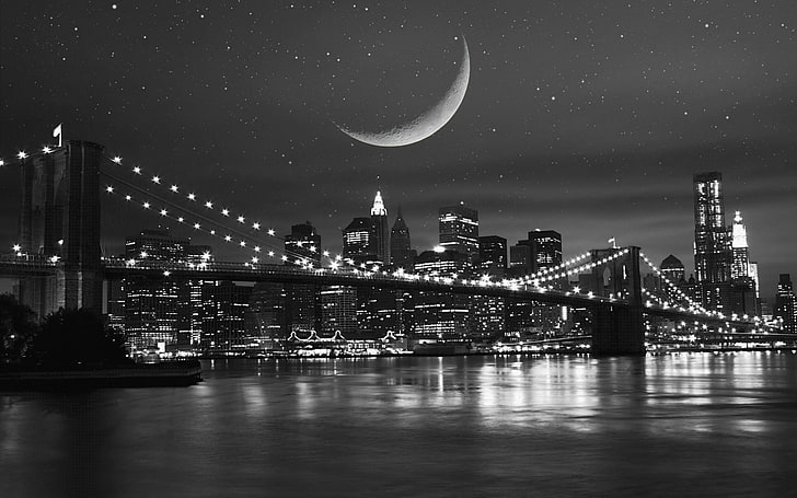 black concrete bridge, the sky, stars, night, city, the city, HD wallpaper
