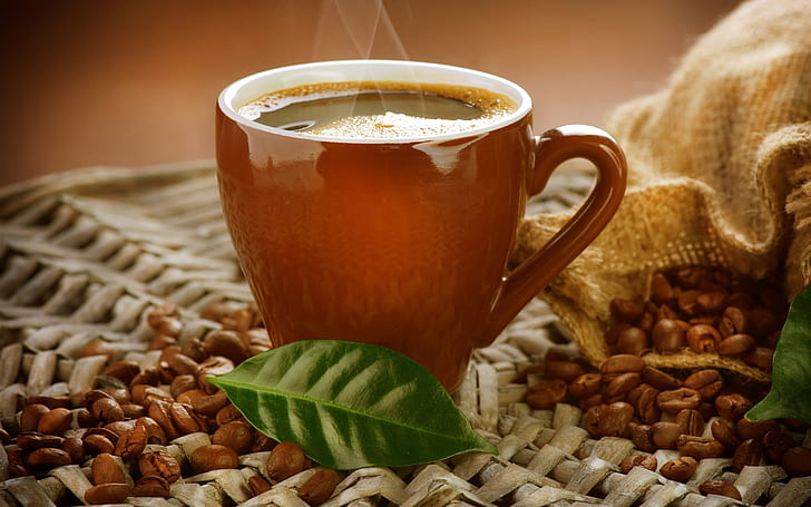 Cup, coffee drink, steam, coffee beans, leaf, HD wallpaper