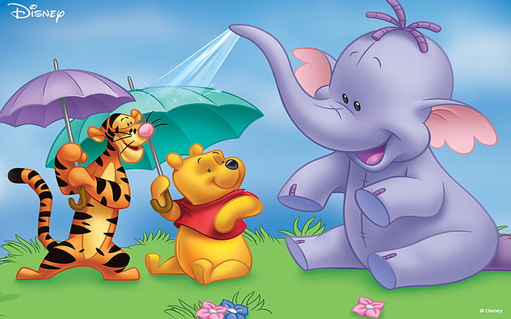 Heffalump Winnie The Pooh And Tigger Cartoon Umbrellas Desktop Wallpaper Hd Resolution 2880×1800