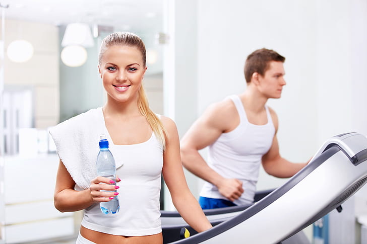 girl, towel, gym, Fitness, water bottle, treadmill, treadmill workout, HD wallpaper