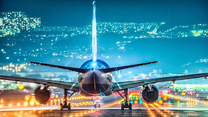 airline, airplane, city lights, air travel, aviation, airliner