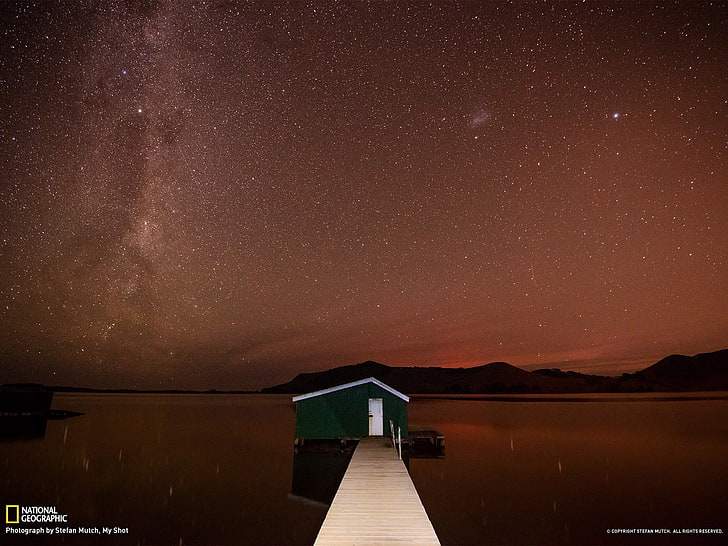 house and brown dock, sky, stars, lake, water, night, scenics - nature