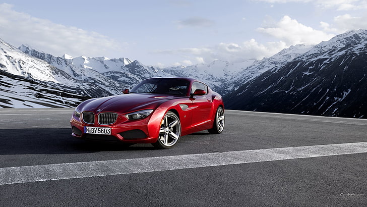 red and black car bed, BMW Z4, coupe, red cars, mountains, transportation, HD wallpaper