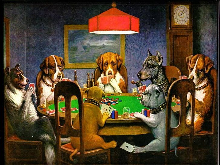 Dogs Playing Poker, Funny, representation, art and craft, mammal