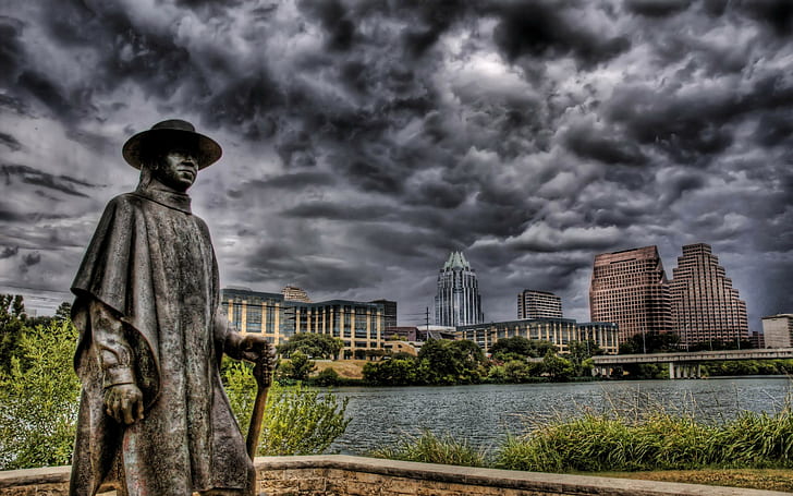 HDR, building, statue, cityscape, Austin (Texas), Stevie Ray Vaughan