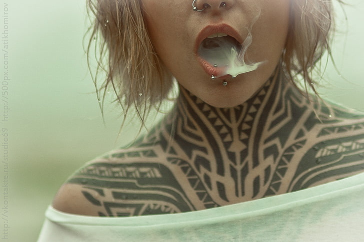 silver-colored piercing, tattoo, Teya Salat, smoke, platinum blonde
