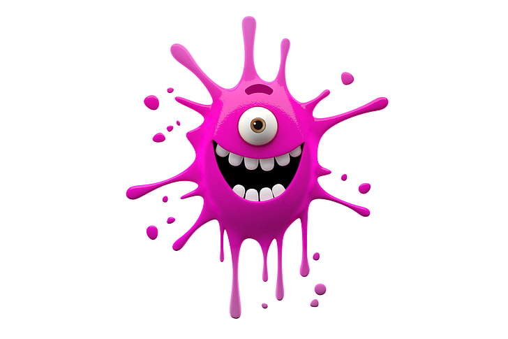 pink paint splash artwork, character, monster, smile, funny, cute