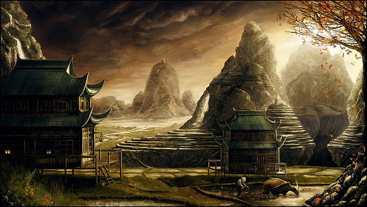 art, asia, autumn, cattle, house, landscape, leaves, man, mountains, HD wallpaper