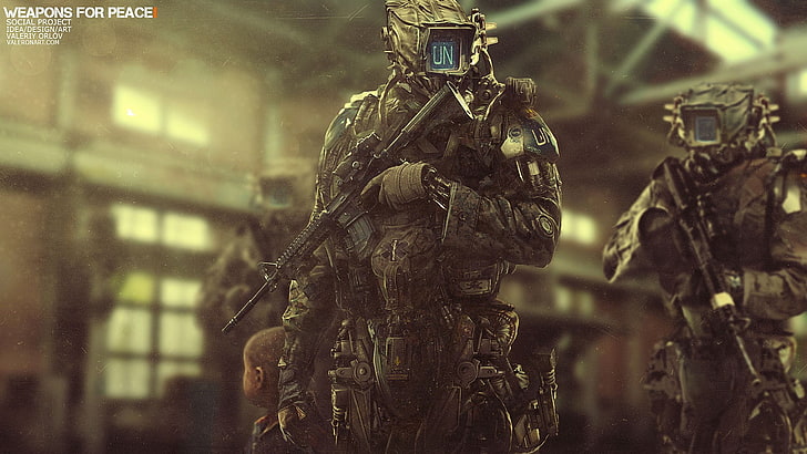 black assault rifle, video game screenshot, M4, soldier, cyborg