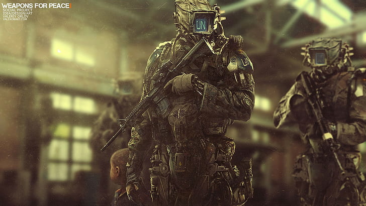 soldier, digital art, M4, futuristic, cyborg, robot, weapon
