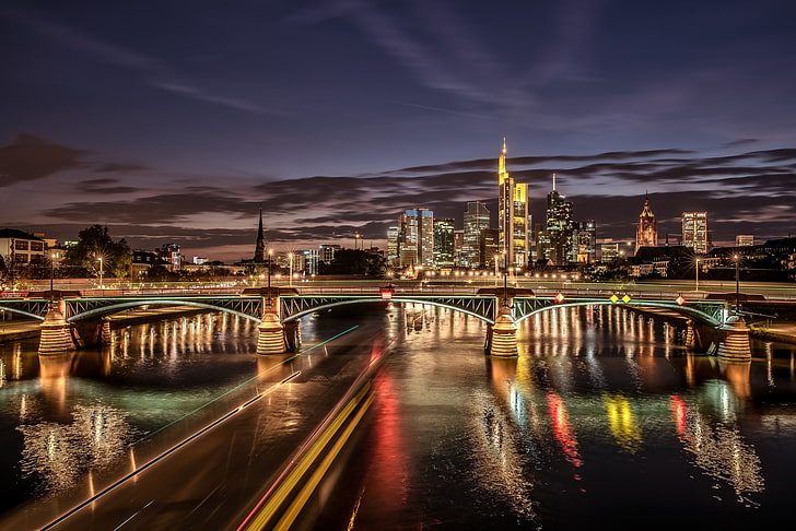 bridge, lights, river, building, Germany, night city, Frankfurt am Main, HD wallpaper