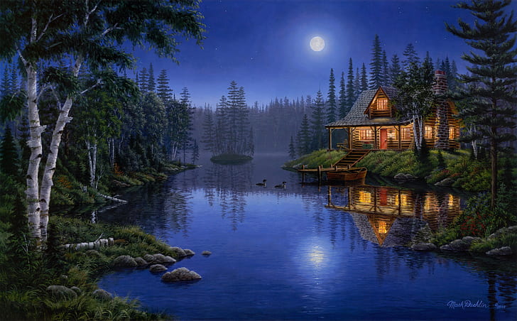 Hd Wallpaper Light Moon House Forest Night Lake Painting