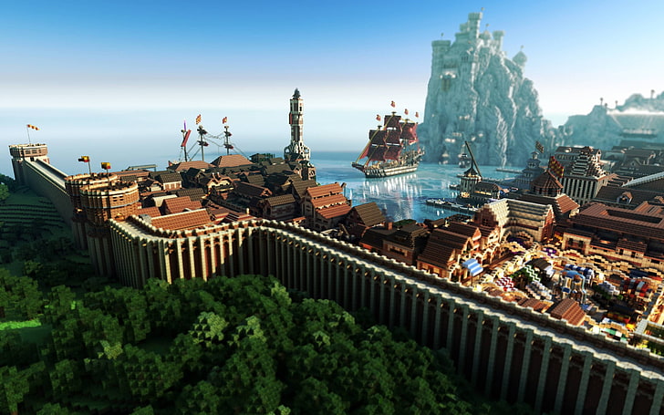 town wallpaper, Minecraft, video games, WesterosCraft, House Lannister