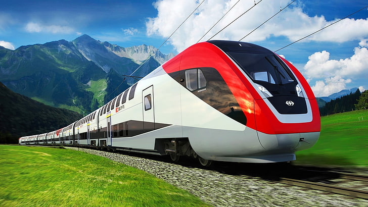 white and red train, vehicle, nature, hills, clouds, modern, railway, HD wallpaper