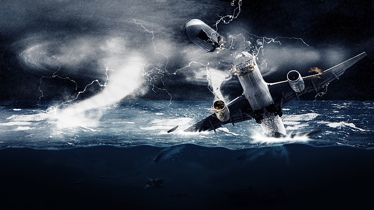 white airplane crashed on body of water digital wallpaper, storm