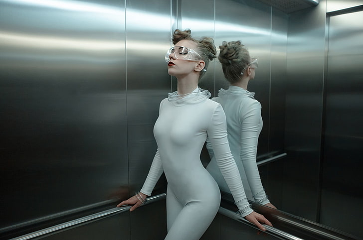 women's white jumpsuit, fashion, model, catsuits, elevator, indoors