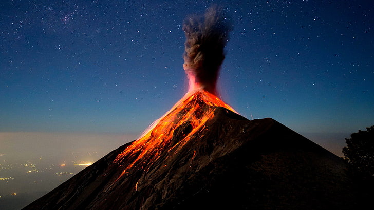 volcano illustration, volcanic eruption, erupting, night, star - space