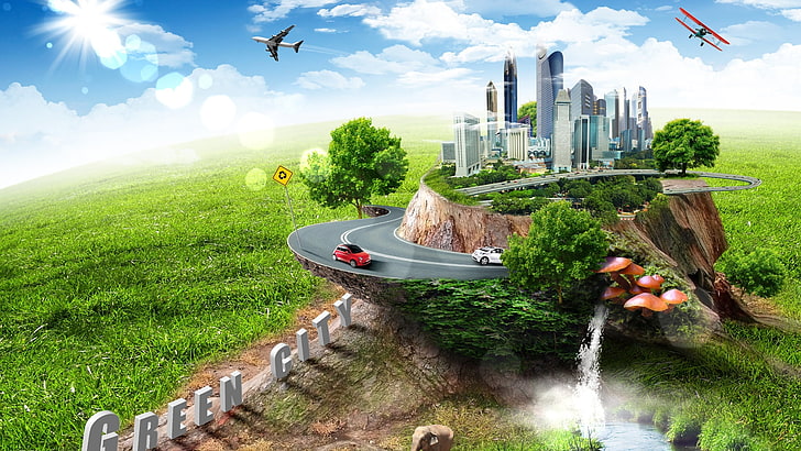 Green City Park illustration, building, car, airplane, sky, grass