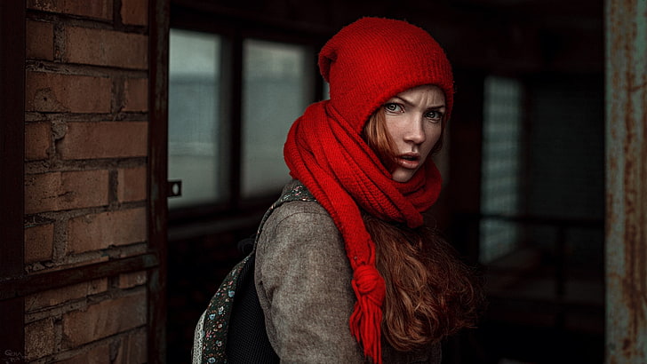 women, Georgy Chernyadyev, redhead, woolly hat, scarf, Oksana Butovskaya, HD wallpaper