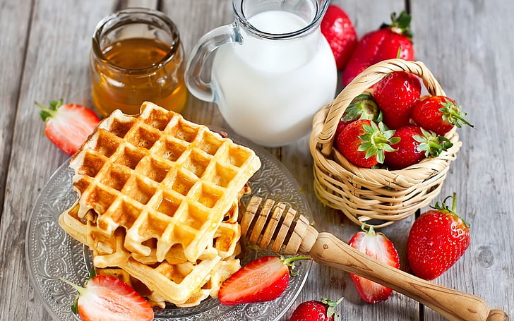 food, colorful, breakfast, strawberries, fruit, honey, milk, HD wallpaper