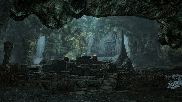 The Elder Scrolls V: Skyrim, cave, runes, HD wallpaper