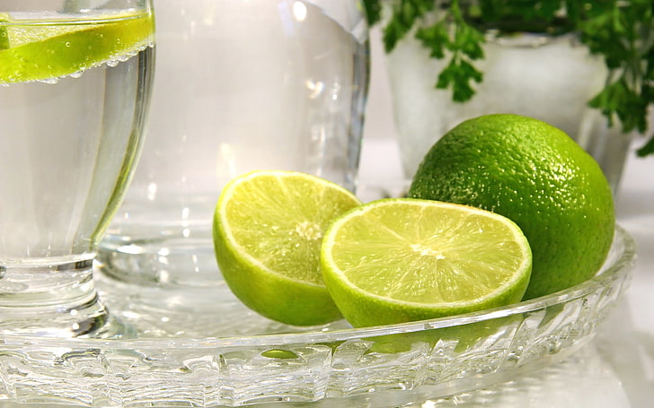 lime slice, citrus, fruit, glass, tray, lemon, citrus Fruit, freshness, HD wallpaper